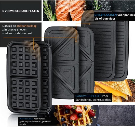 White-Label® Wafelijzer met Verwisselbare Platen - Contact Grill - Tosti Apparaat - Zwart en Zilver — afbeelding 4