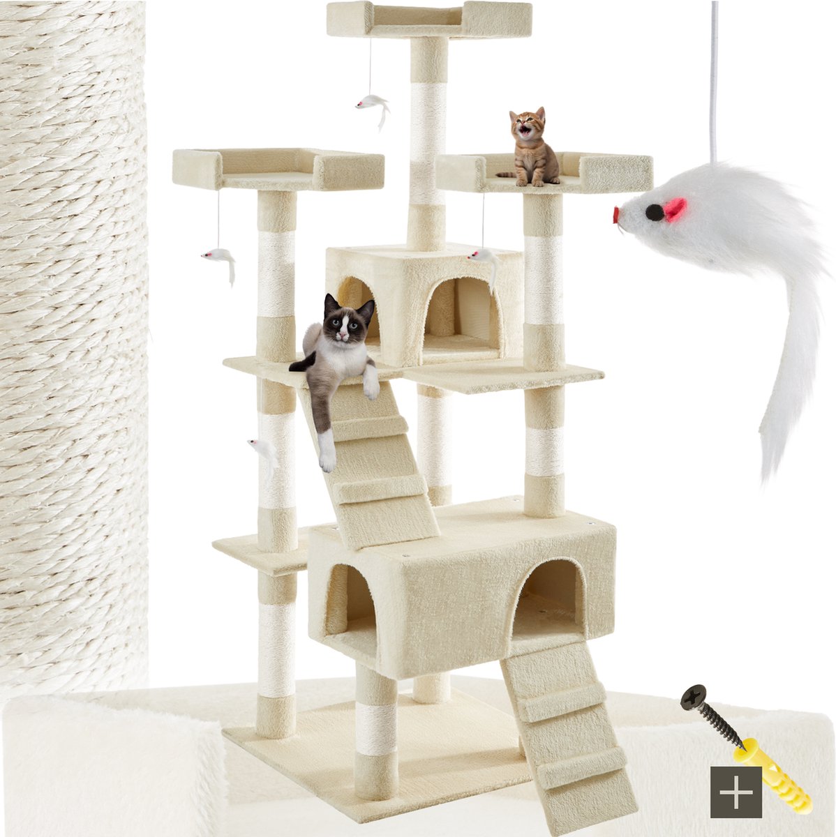 TecTake® Kattenkrabpaal - Krabmeubel - 70 x 54 x 170 cm - Meerdere Niveaus met 2 Comfortabele Huisjes 4 Speelmuizen 3 Uitkijkplatforms - Stevige Krabpaal met Pluche Bekleding voor Katten - Beige