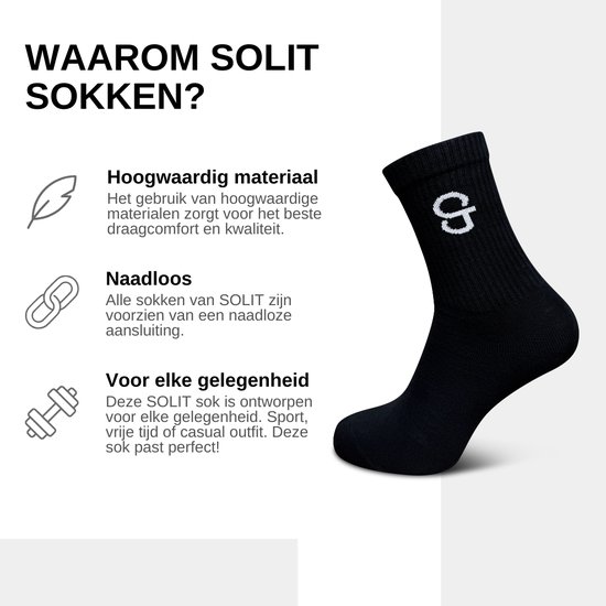 Zwarte sok met wit logo 'G'. Informatie over hoogwaardig materiaal, naadloos en voor elke gelegenheid.