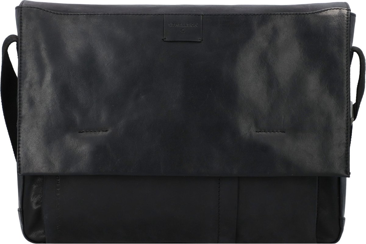strellson Leren Schoudertas Laptoptas met laptopvak Brick Lane Messenger Black Zwart