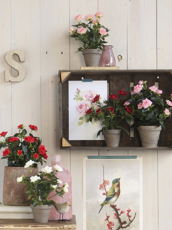 Mica Decorations Kunstplant - 2x - rozen - roze - in grijze pot - 33cm - kunst roos