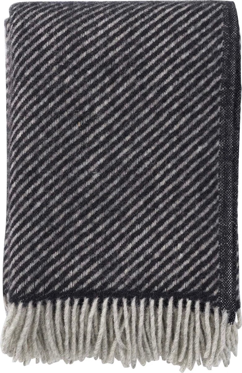 Klippan - premium kwaliteit - lamswollen plaid Carl - zwart - grijs - diagonale strepen