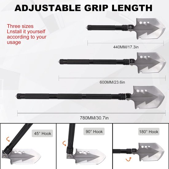 Opvouwbare schep, 78 cm, zwart/zilver, roestvrij staal en aluminium, opvouwbaar, multifunctioneel, 3 lengtecombinaties, kamperen, wandelen, jagen, tuinieren van Merkloos	 — afbeelding 5