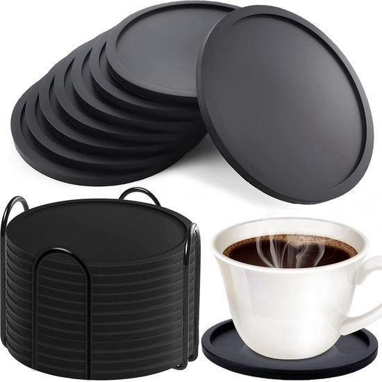 AOZUO Set van 4 siliconen onderzetters, onderzetters, glazen, ronde antislip en geïsoleerde glazen onderzetters voor tafel, bureau, kantoor, keuken, bar, drankjes, meubelbescherming (zwart AOZUO Set van 4 siliconen onderzetters, onderzetters, glazen, ronde antislip en geïsoleerde glazen onderzetters voor tafel, bureau, kantoor, keuken, bar, drankjes, meubelbescherming (zwart