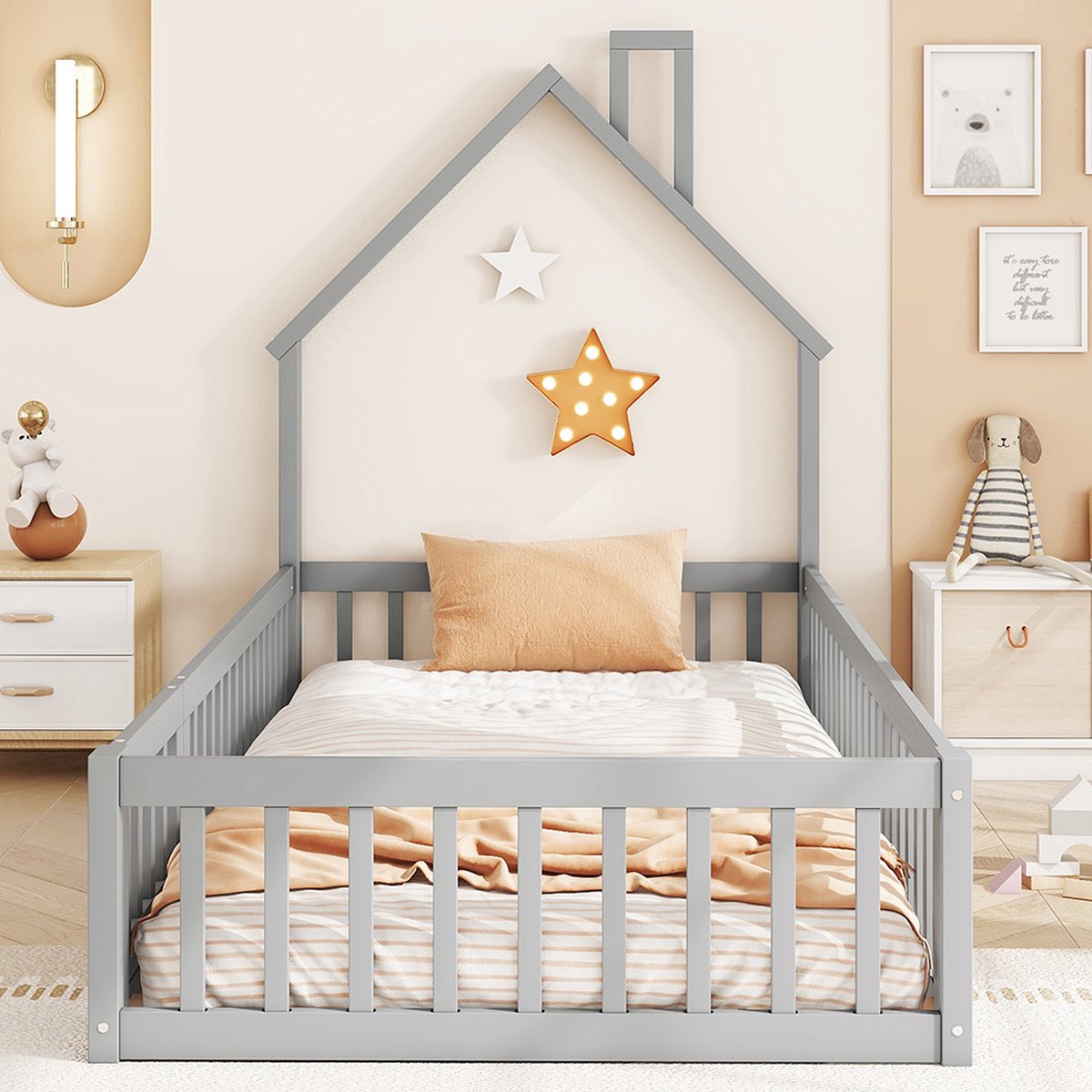 KOMHTOM Kajuitbed Kinderbed 90 x 200 cm hout Lattenbodem Grenen met beschermend hekwerk Gr