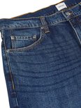 Muntzakje van een blauwe jeans met oranje stiksels en klinknagels.