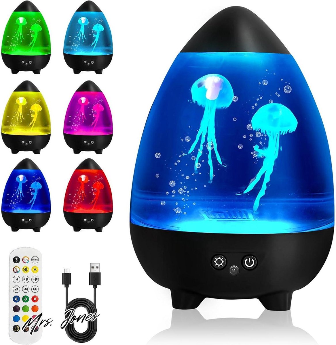 Mrs. Jones kwallen aquarium sfeerlamp afstandsbediening USB-kabeloog led-kwallen slaapkamer thuis kantoor geschenken (zwart) .