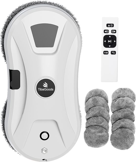 Witte TibaGoods robotruitenreiniger met grijze rand, afstandsbediening en twee stapels van 5 grijze microvezeldoeken.