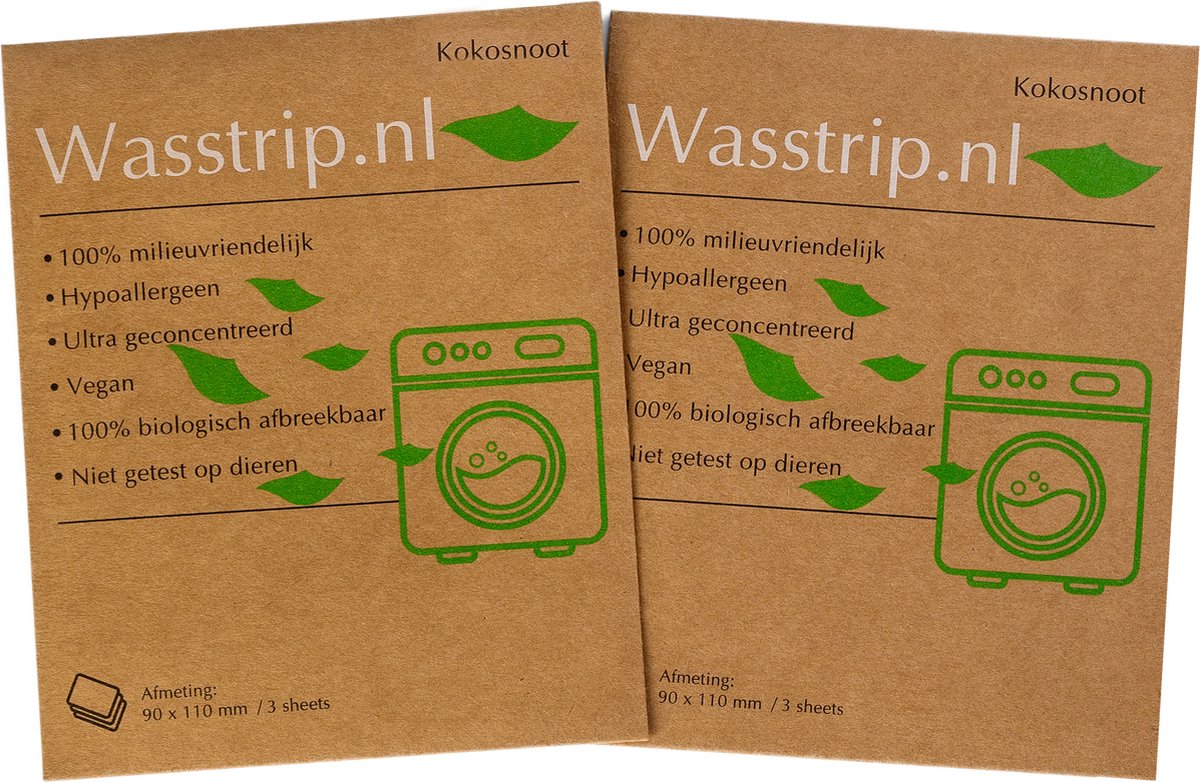 Goedkoopste Wasstrips proefpakket (6 sheets) - Kokosnoot - voor alle wasmachines - voor alle kleuren was - voor koud en warm wassen - plastic vrij en CO2 neutraal