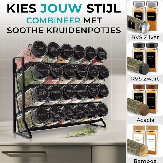 Zwart kruidenrek vol met kruidenpotjes, naast opties voor potjes met zilveren, zwarte, acaciia en bamboe deksels.