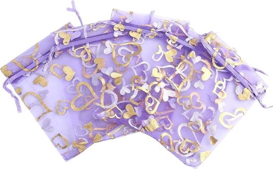 Fako Bijoux® - Sacs Organza - 10x12cm - Sacs de Fête - Sacs à Bonbons - Sacs Cadeaux - Sacs à Bijoux - Coeur Violet - 50 Pièces