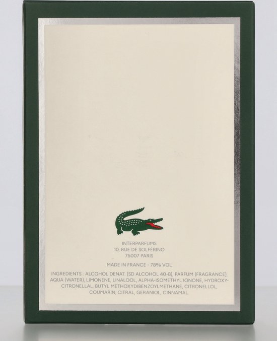 Groene doos met "INTERPARFUMS", adres en ingrediënten in crème kleur.