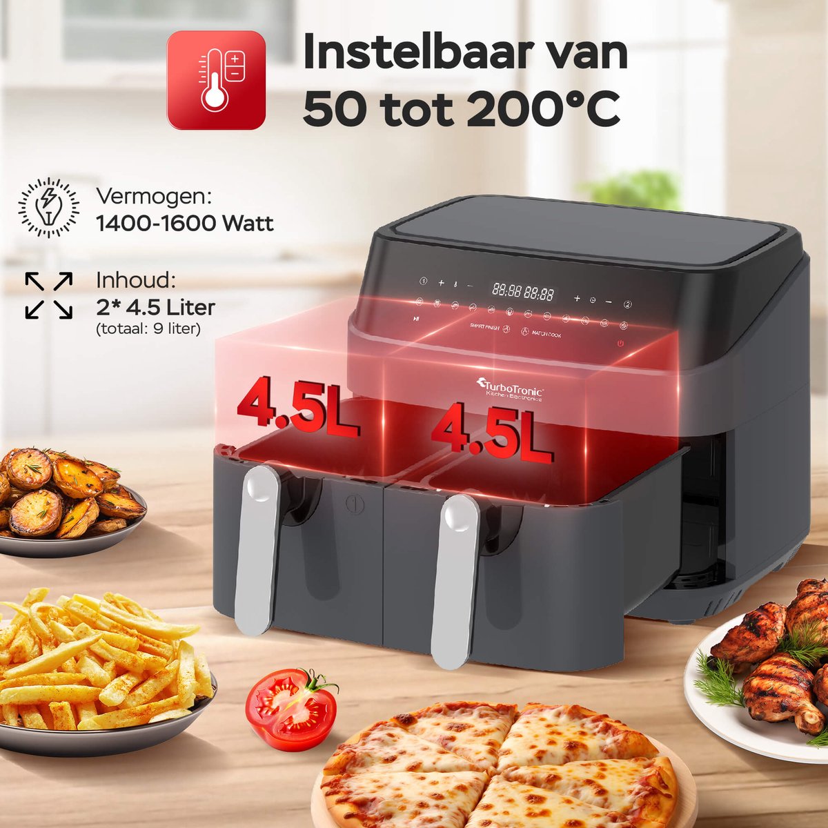 Afbeelding 3 van Turbotronic Airfryer XXL DualChef - 9L - 1600W - Heteluchtfriteuse - Dubbele Mand - 2 x 4.5L - 50ºC tot 200ºC - 10 Kookprogramma's - Grijs