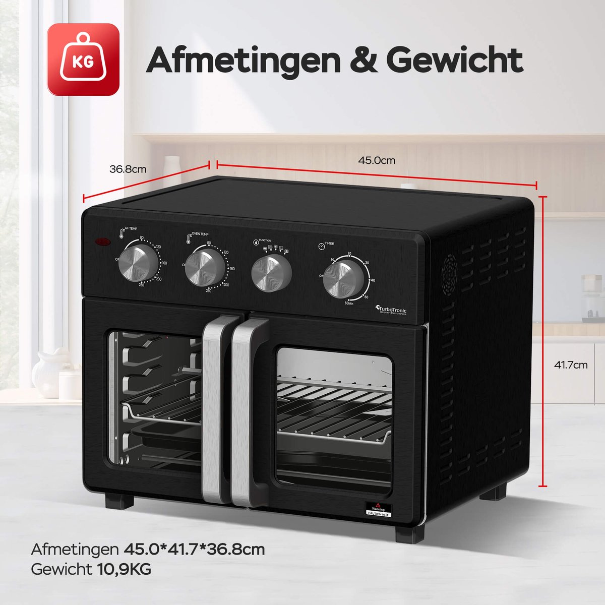 TurboTronic AF32MFD Airfryer XXL 32L Heteluchtfriteuse en Oven 2-in-1 met Draaispit en Dubbele Deur Zwart - Afbeelding 5