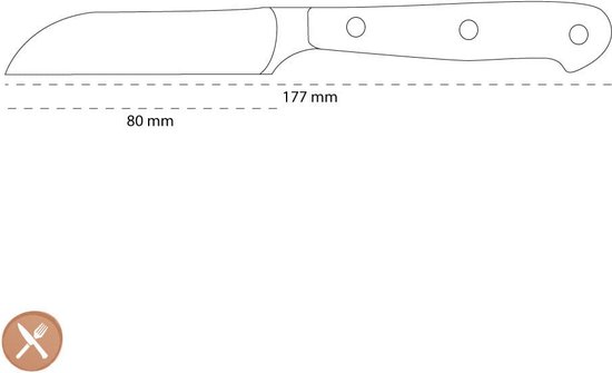 Schematische tekening van een groentemes met meslengte 80 mm en totale lengte 177 mm.