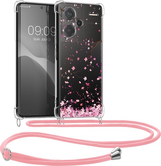 kwmobile coque de téléphone compatible avec Xiaomi Redmi Note 13 Pro+ 5G / Redmi Note 13 Pro Plus 5G - Coque avec cordon téléphonique - Coque arrière pour smartphone - Coque rose poudré / marron foncé / transparent
