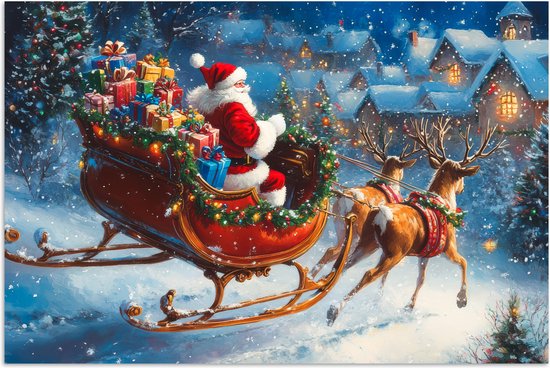 Poster 90x60 cm - Kerstman - Rendier - Kerst - Sneeuw - Posters - Kamer decoratie - Wanddecoratie woonkamer - Kerstdecoratie voor binnen - Kerstversiering - Kerstmis versiering in huis - Kerstaccessoires