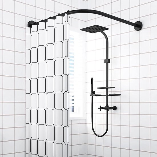Gebogen Douchestang, Roestvrij Staal Instelbare Vorm Uitschuifbare Douchegordijnstang Gebogen Douche Zonder Boor Telescopische Gordijnrail voor Bad Inclusief Fittingen