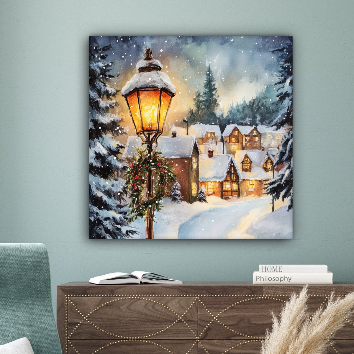 Canvas schilderij 90x90 cm - Wanddecoratie Kerstdorp - Huizen - Sneeuw - Kerst - Muurdecoratie woonkamer - Slaapkamer decoratie - Kamer accessoires - Schilderijen op canvas - Kerstdecoratie voor binnen - Kerstversiering - Kerstmis versiering – foto 3