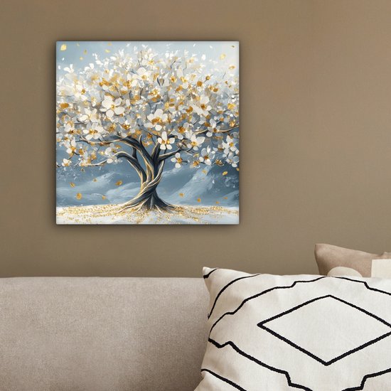 Peinture sur toile 20x20 cm - Décoration murale Arbre - Hiver - Arbre de vie - Moderne - Or - Décoration murale murale salon - Décoration chambre - Accessoires de chambre - Peintures