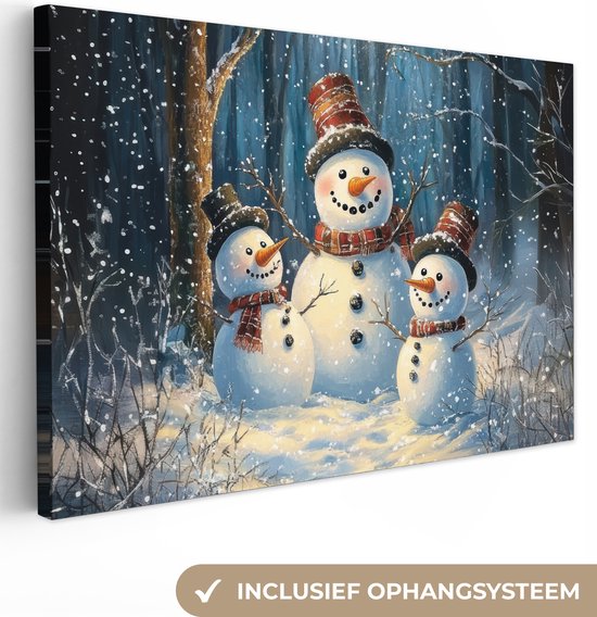 Canvas schilderij 150x100 cm - Wanddecoratie Sneeuwpop - Sneeuw - Winter - Bos - Muurdecoratie woonkamer - Slaapkamer decoratie - Kamer accessoires - Schilderijen op canvas