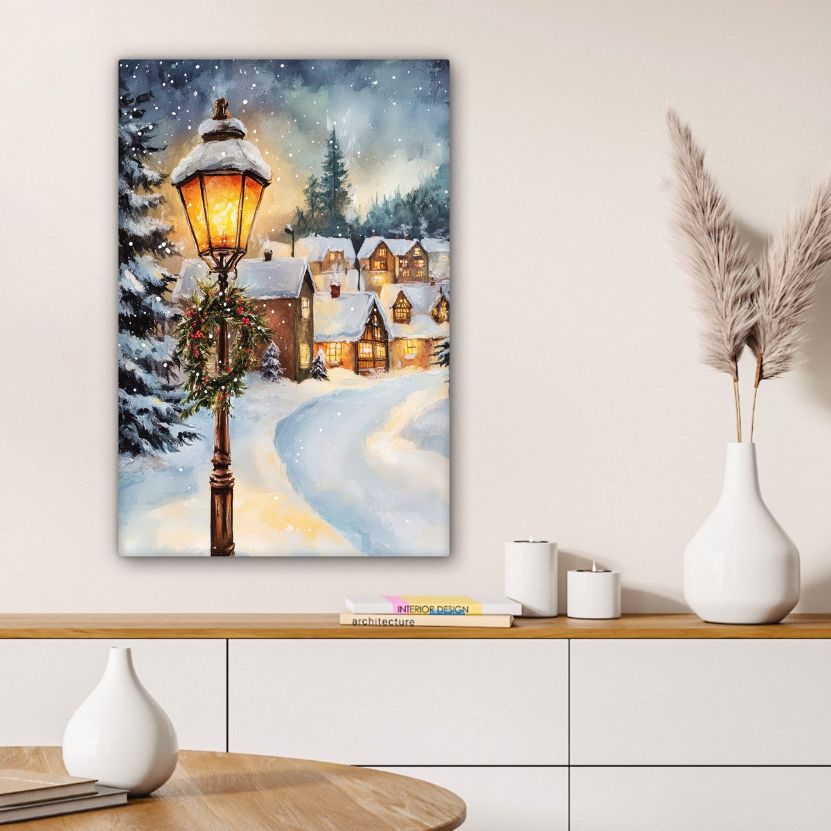 Canvas schilderij 60x90 cm - Wanddecoratie Kerstdorp - Huizen - Sneeuw - Kerst - Muurdecoratie woonkamer - Slaapkamer decoratie - Kamer accessoires - Schilderijen op canvas - Kerstdecoratie voor binnen - Kerstversiering - Kerstmis versiering – foto 2