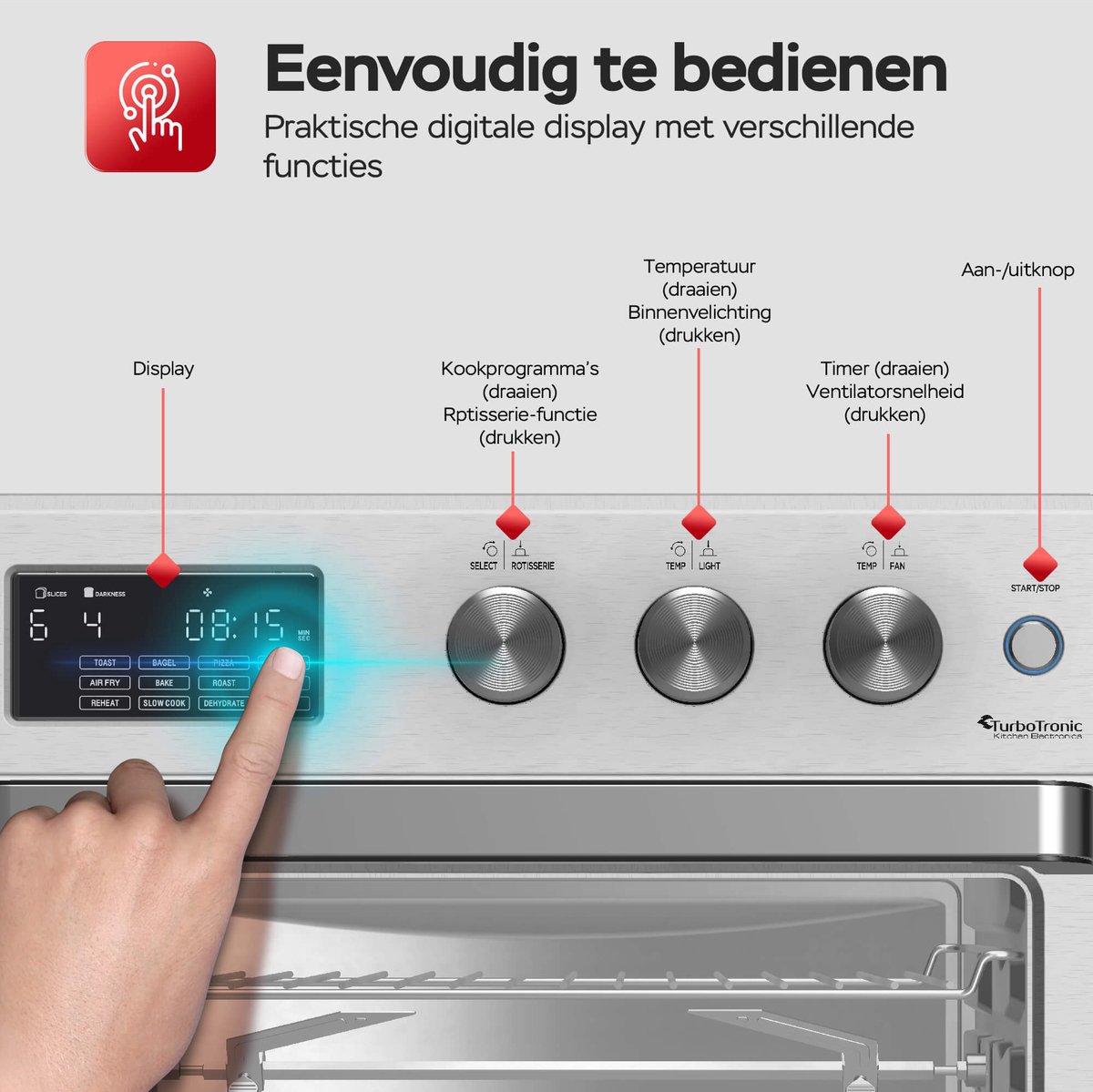 TurboTronic AF32DRD Airfryer XXL en Mini Oven – 32 Liter – Vrijstaande Oven – 12 Kookprogramma’s – 25° tot 230°C – Zilver – foto 4