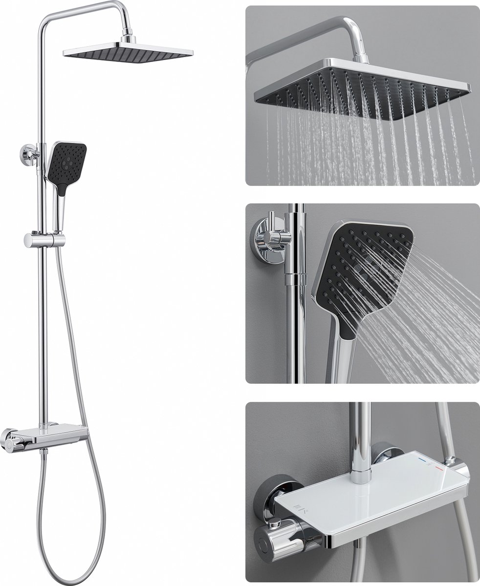 Lonheo max Regendouche met Thermostaatkraan - Douchesysteem set Chroom - Douchekop met 150cm slang - 3 functies Handdouche - Regendouchekop - Chroom