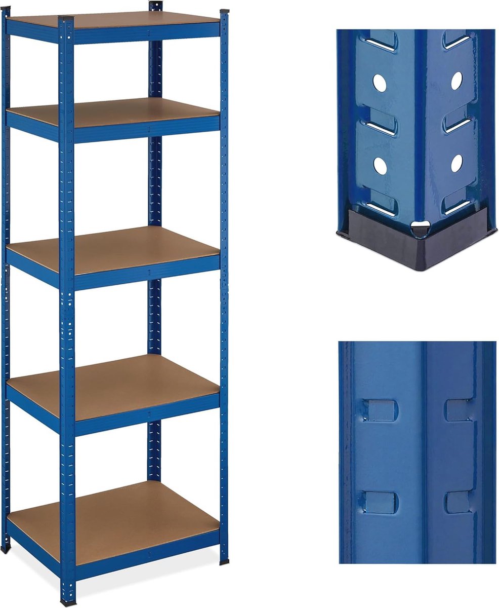Stellingkast 180x60x45 cm - Modulair Stellingrek voor Garage, Kelder en Voorradkast - Draagvermogen 500 kg - 5 Verstelbare Planken - Blauw