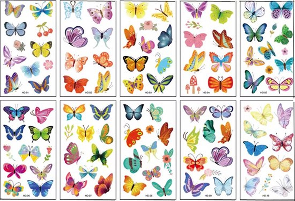 Knaak Vlinder Tattoos voor Kinderen - Set van 10 Vellen - Tijdelijke Tattoos - Butterfly - Plakplaatjes