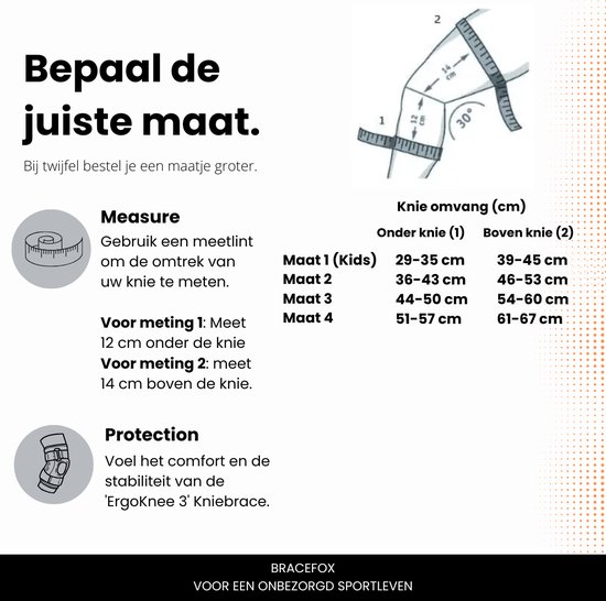 Instructieafbeelding voor het opmeten van de kniebrace. Toont een meetlint en een tabel met afmetingen voor verschillende maten. Tekst in het Nederlands.