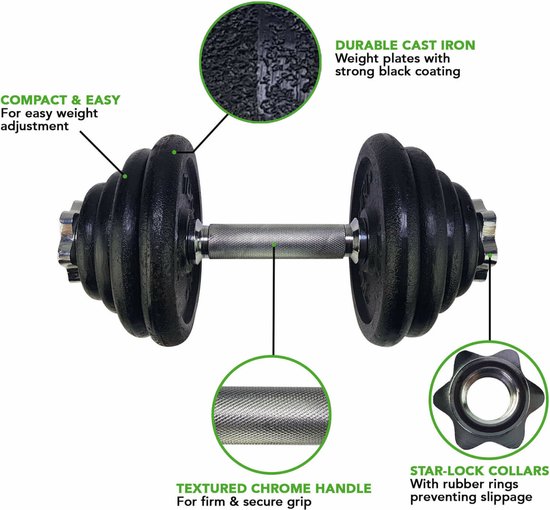 Tunturi Dumbell Gietijzer totaal 15kg - Halterset met schroefsluiting - Dumbbell Set - 1 Halterstang - 30mm - Incl. gratis fitness app
