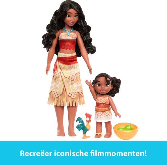 Moana en baby Moana poppen met Heihei en een schaal met groen fruit. Tekst: "Recreëer iconische film­momenten!"