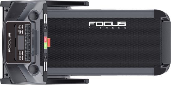 Bovenaanzicht van een donkergrijze Focus Fitness loopband met zwart loopvlak en display.