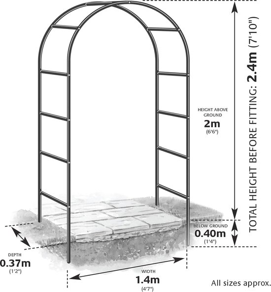 Stevige metalen tuinboog voor klimplanten, 140 cm breed, 340 cm hoog