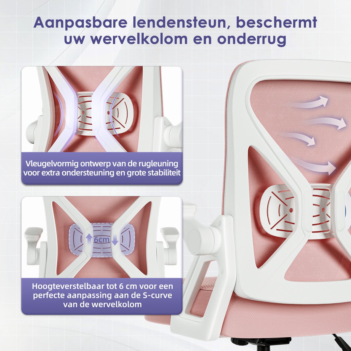 Hiaonyx Ergonomische Bureaustoel met Lendensteun - Roze - afbeelding 3