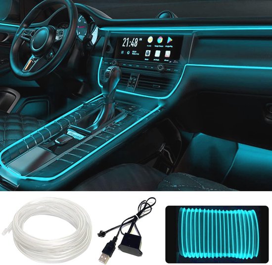 CGEAMDY Auto 4-in-1 waterdichte ledstrip, sfeerverlichting met USB-poort, voetenruimteverlichting, auto-interieurdecoratie, accessoires (ijsblauw
