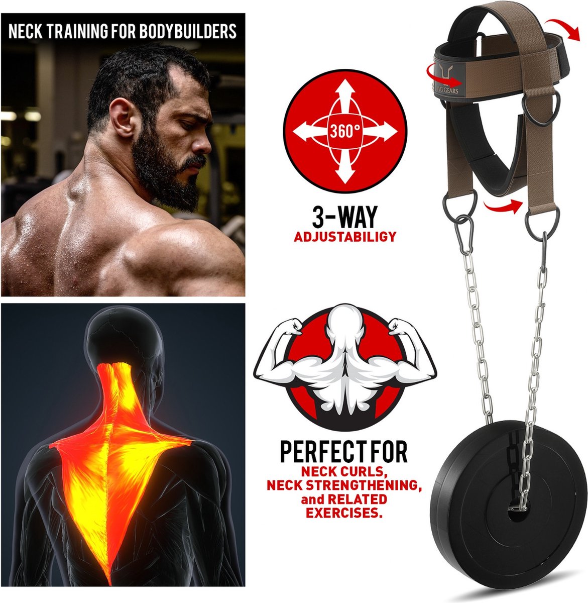 JAG GEARS Nektrainer Nektraining - Nektrainer 7 mm neopreen gevoerd met 110 cm lange verstelbare stalen ketting voor gym, racen, boksen, nektrainingsharnas om de spierkracht te verbeteren - Bruin — afbeelding 2