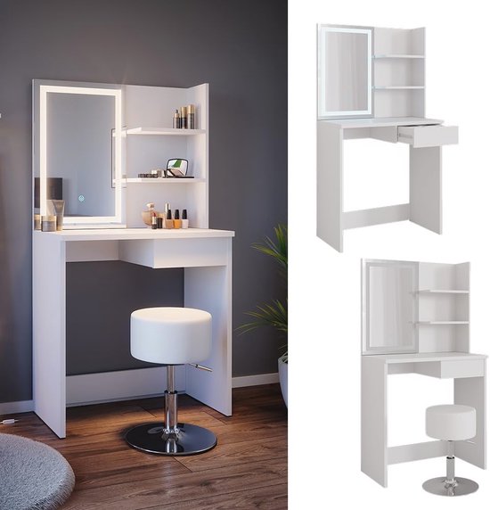 Secrétaire De Maquillage Blanche 100 X 40 X 125 Cm | Avec Miroir LED Tricolore, 4 Tiroirs Armoire Eclairee Et Niche Ouverte 79184552