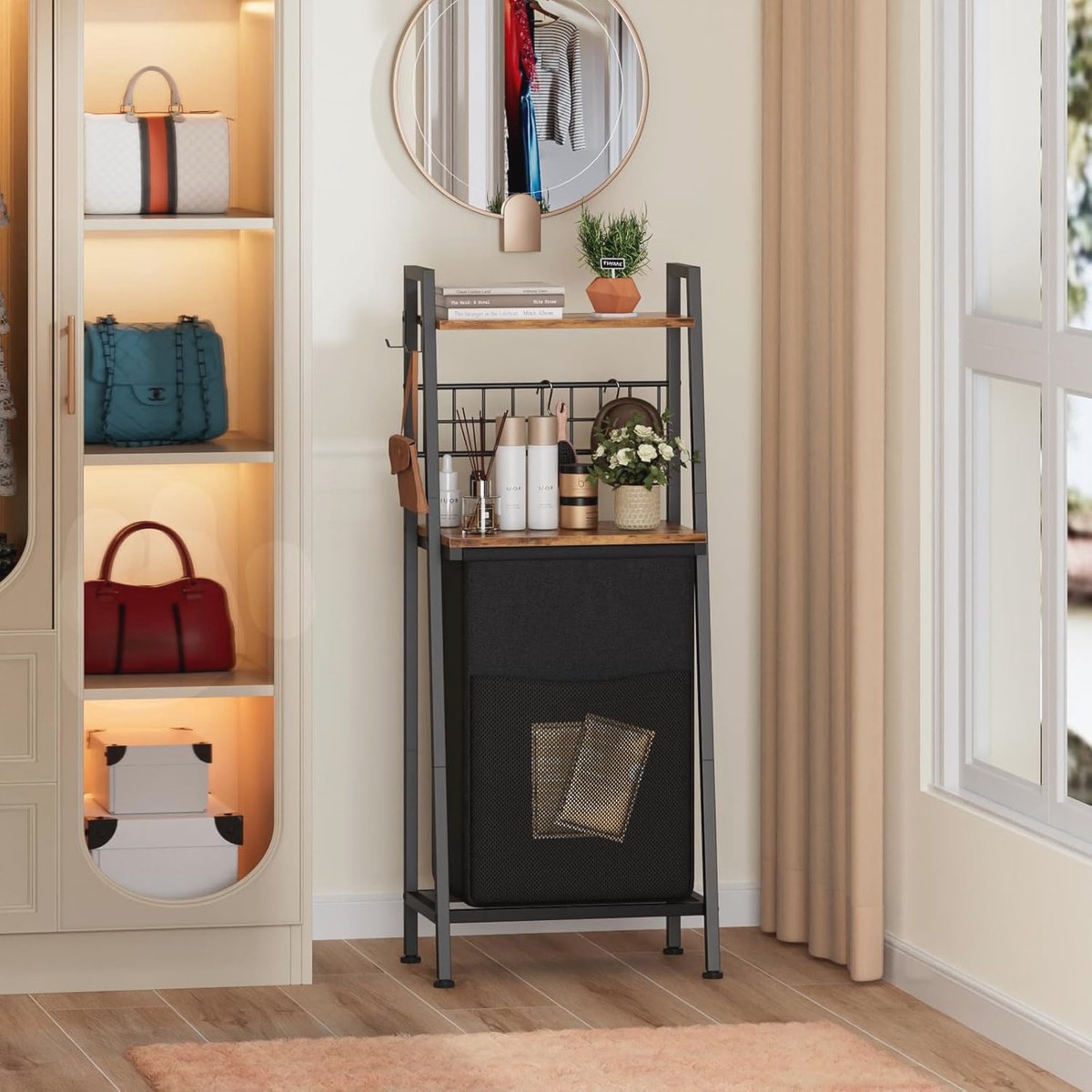 Goedkoopste 2-laagse Wasmand met Houten Plank en Uittrekbare Tas voor Badkamer en Slaapkamer