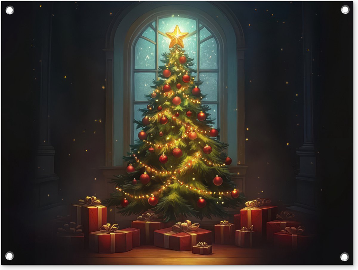Tuinposter 80x60 cm met afbeelding van kerstboom, geschikt voor buitendecoratie zoals schuttingen en tuinmuren. Feestelijke kerstsfeer.