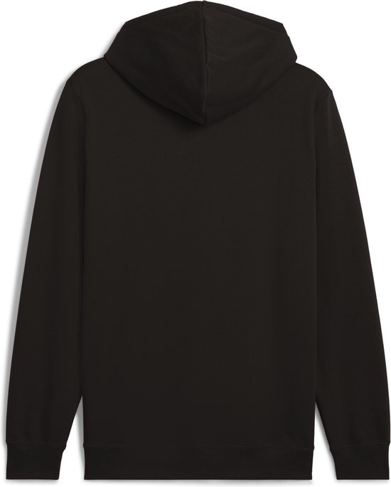Zwarte PUMA hoodie met wit PUMA logo op de borst en kangoeroezak, gedetailleerde weergave.
