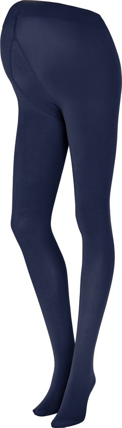 Achterkant van een zwangere vrouw in een donkerblauwe panty.