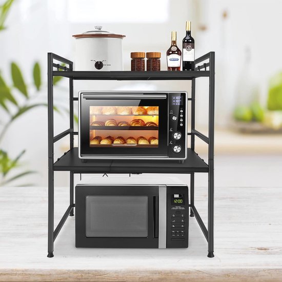 SUBTLETY Magnetronrek, uitbreidbaar, 40-60 cm, 3 etages, keukenrek met 8 haken, koolstofstaal, keukenorganizer, antislip, magnetronstandaard, bakkerijrekken voor oven, keukenapparaten (zwart