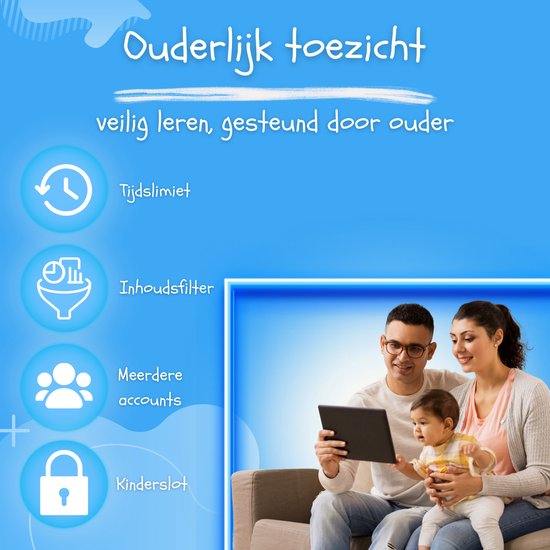 CosmoToys® Kindertablet - Incl. Opberghoes & Tablethouder Auto - Tablet voor Kinderen - Kids Tablet - Android 11 - Ouderlijk Toezicht - 3000 mAh ( Blauw
