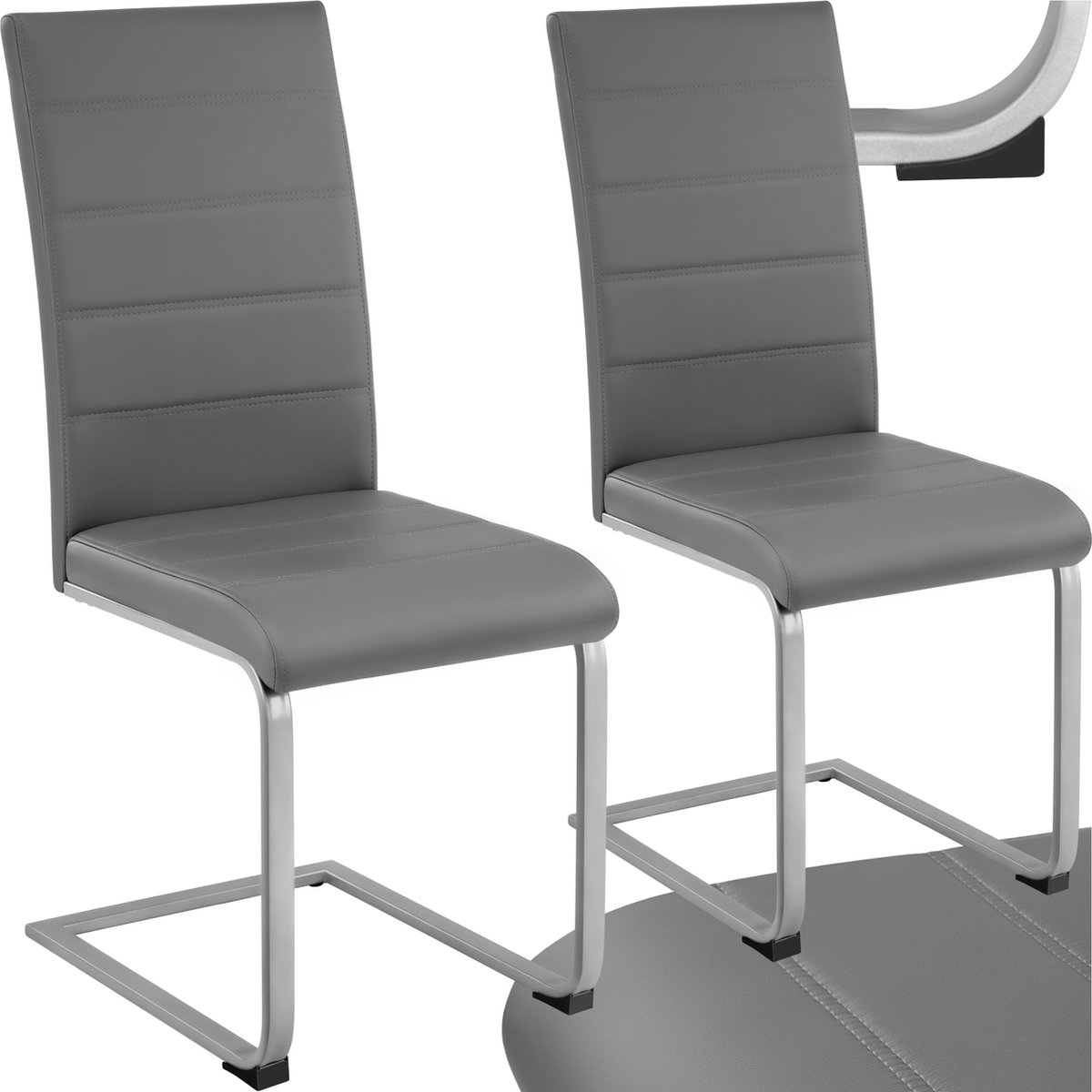 Tectake Eetkamerstoelen - Kunstleren stoelen met hoge rugleuning - Set van 2 - Sledestoel met ergonomisch gevormde rugleuning - Diverse kleuren en sets - Grijs