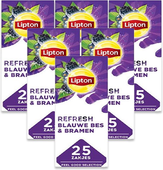 Lipton Feel Good Selection Blue Berries - 150 Theezakjes - Zwarte Thee Blauwe Bes & Bramen - 6 x 25 Zakjes - Voordeelverpakking
