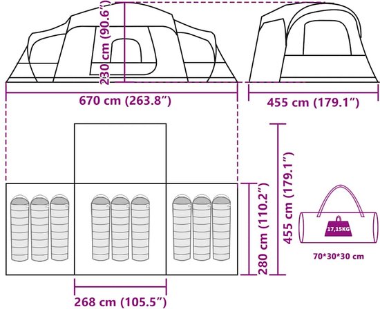 vidaXL - Familietent - met - verandakoepel - 9-persoons - waterdicht - groen van Vidaxl — afbeelding 4