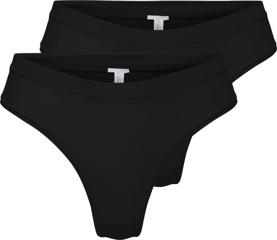 Twee zwarte, lage strings met een brede tailleband en merklabel.