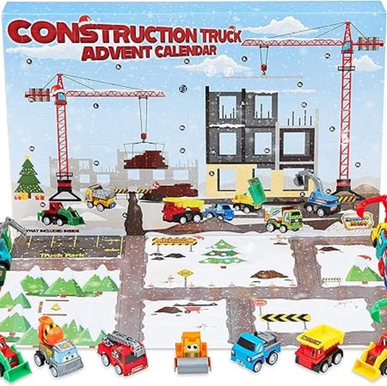 "Equivera adventskalender 2024 - Adventskalender 2024 met 24 mini cast raceauto's of bouwvoertuigen (Bouwvoertuigen) "